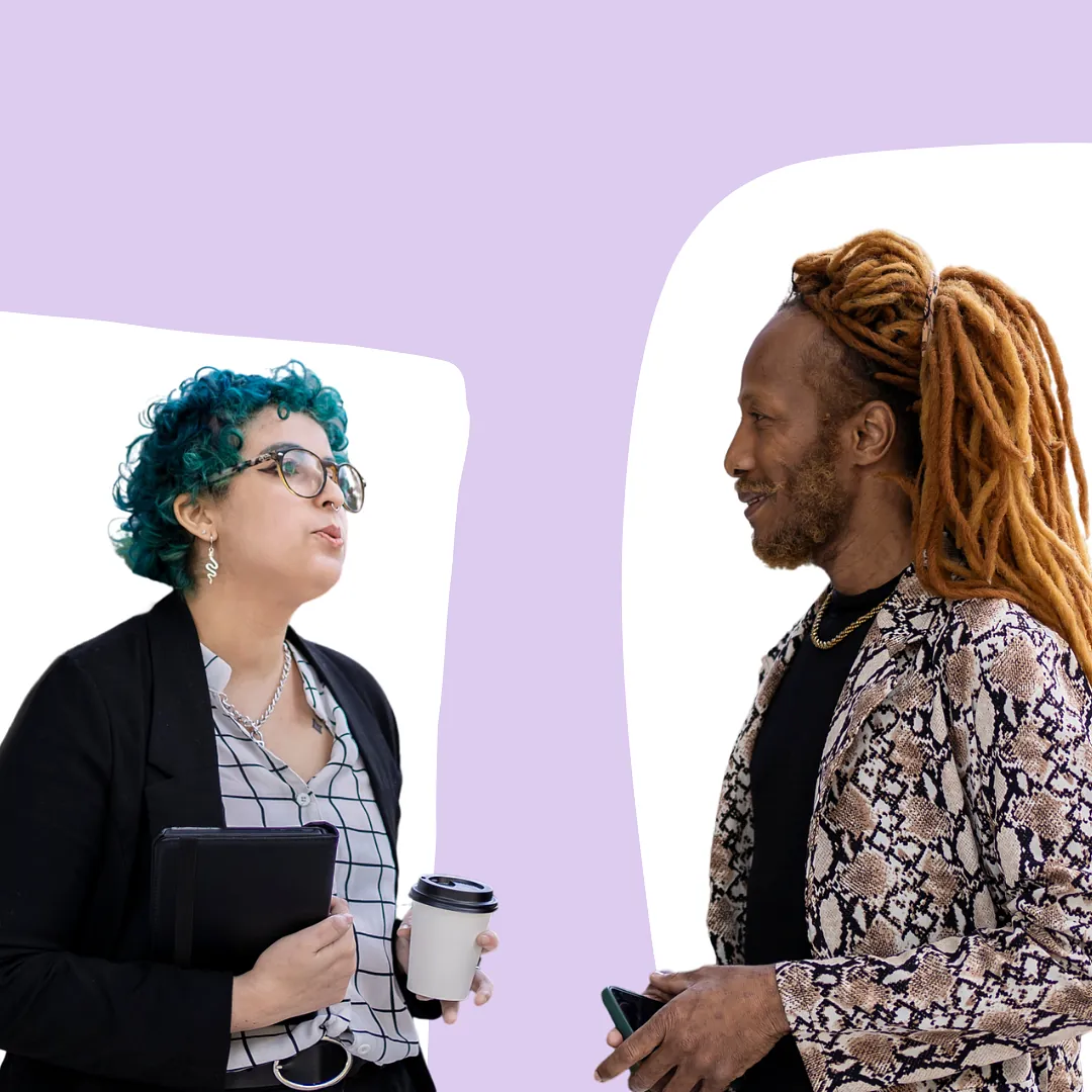 Two people chatting purple or lilac and white background